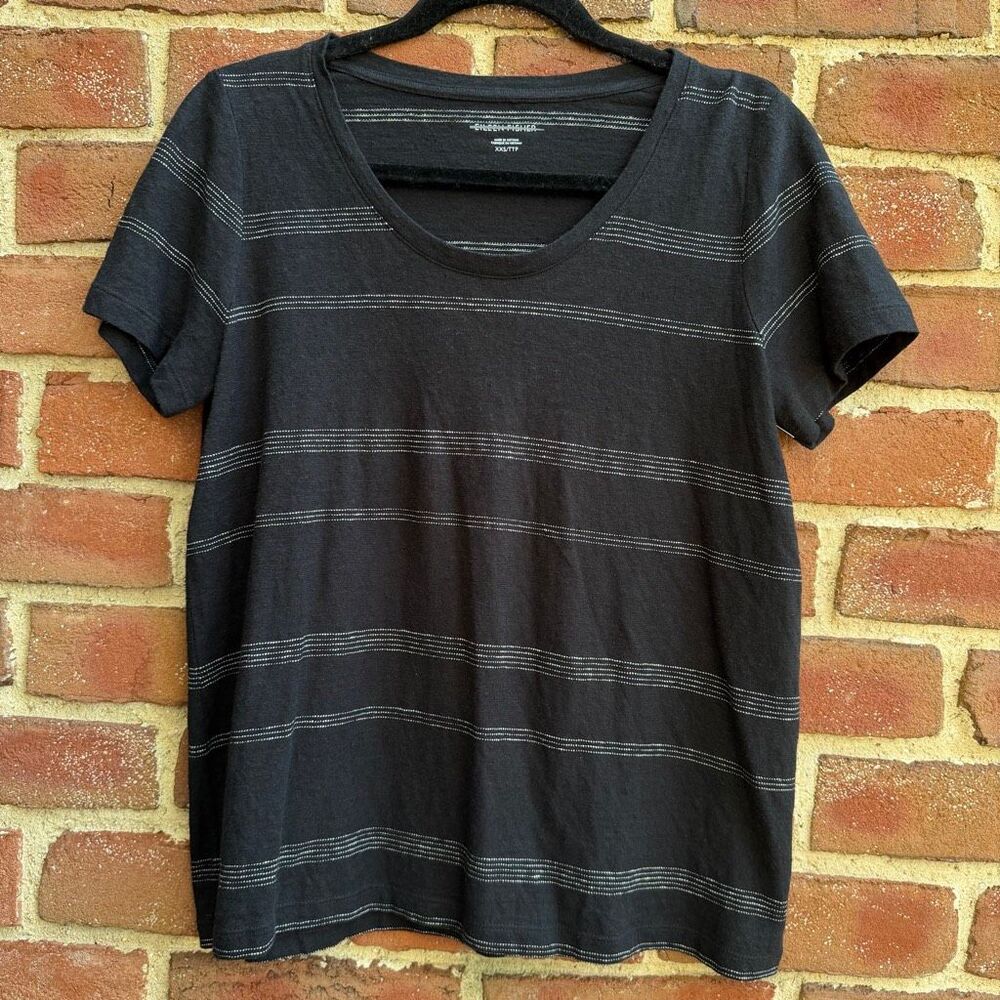 Eileen Fisher Women's Striped Organic Cotton Hemp Blend Tee Black XXS New